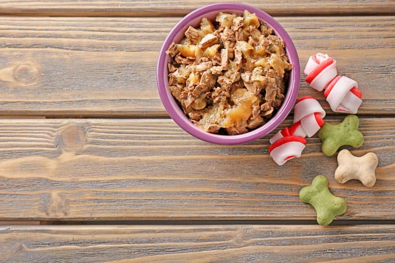 Bowl with dog food on wooden background
