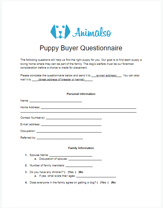 Puppy Buyer Questionnaire