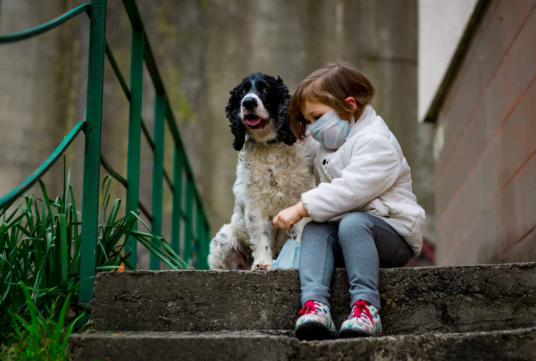 A littler girl wearing a mask sitting on the steps outside their house with her dog during the 2019 Coronavirus pandemic